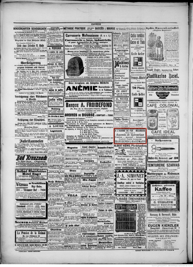 Journal L'Express de Mulhouse du 25 avril 1905 (p.4) : appareils de gymnastique.